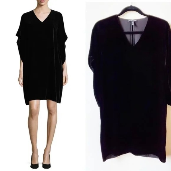 EILEEN FISHER Rayon Silk V Neck Kimono Short Dress in Black - S - Picture 1 of 14